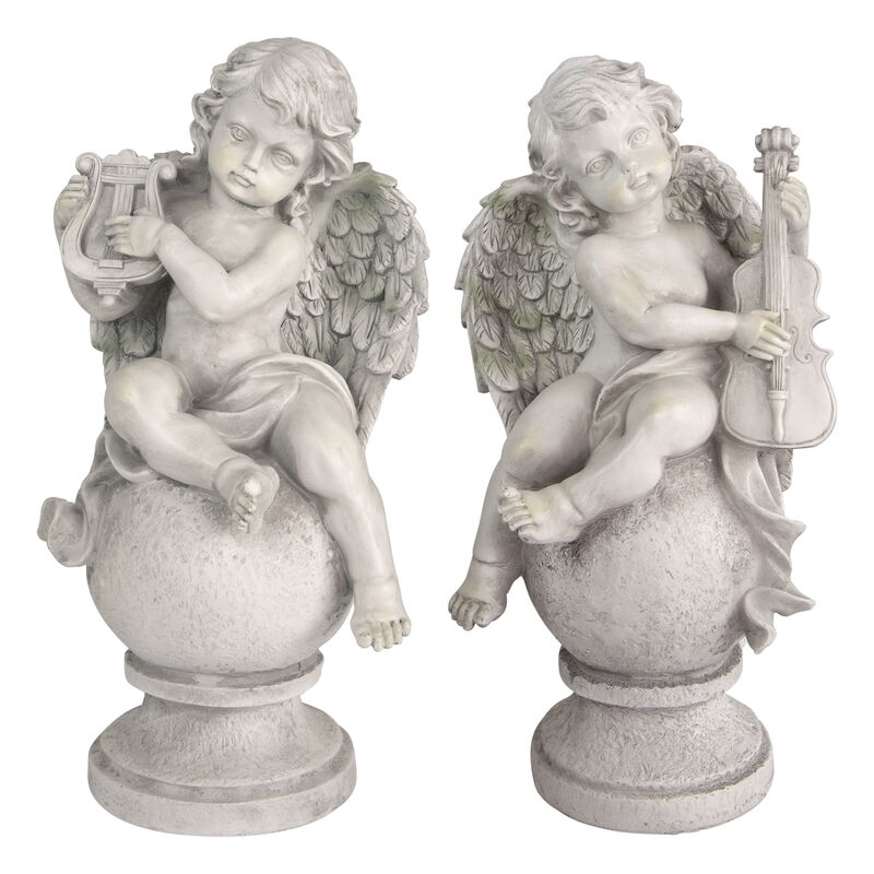 Set of 2 Cherub Angels with Violin and Harp on Finials Outdoor Garden Statues 15.25"