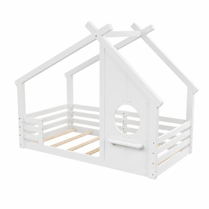 GOODSILO Twin Size House Shaped Floor Bed With Built-In Decorative Window And Storage Shelf, Sturdy Solid Wood Frame No Box Spring Required