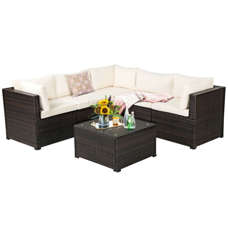 Mondawe 5 Pieces Patio Rattan Sectional Furniture Set with Cushions and Coffee Table
