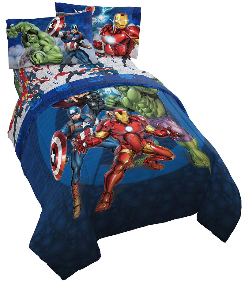 Marvel Avengers Blue Circle 5 Piece Full Bed Set - Includes Reversible Comforter & Sheet Set - Bedding Features Captain America