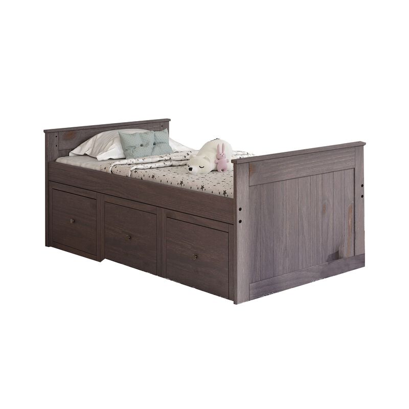 Mari Twin Captain Bed with Drawers, Rustic, Brazilian Pine, Wood, Gray - Benzara