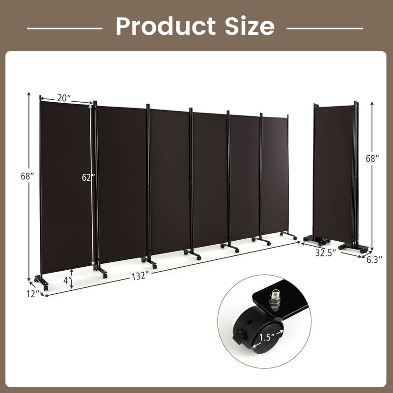 6 Panel Folding Room Divider Screen on Lockable Wheels for Home and Office Use-Walnut image number 2