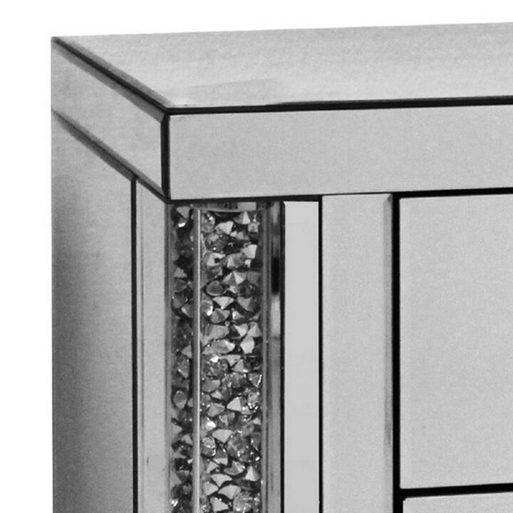 Noe 26 Inch 3 Drawer Accent Table Nightstand, Mirrored, Faux Diamond Inlay, Silver-Benzara
