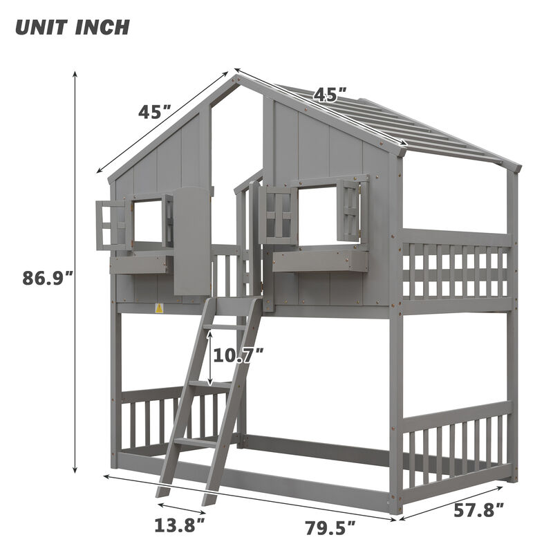 Whisen Twin over Twin House Bunk Bed with Roof, Window, Window Box, Door, with Safety Guardrails and Ladder - White