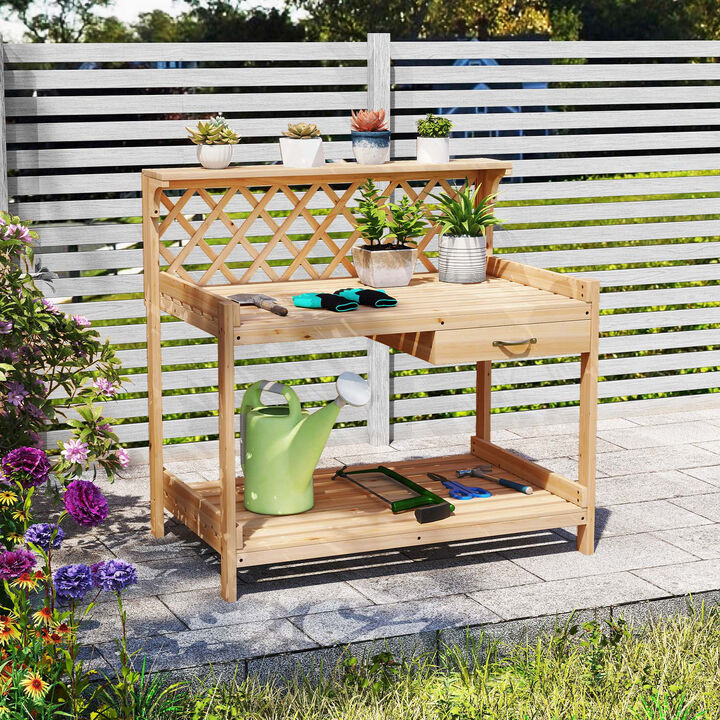 Garden Potting Workstation Table with Lattice Trellis, Wooden Plant Stand-Natural