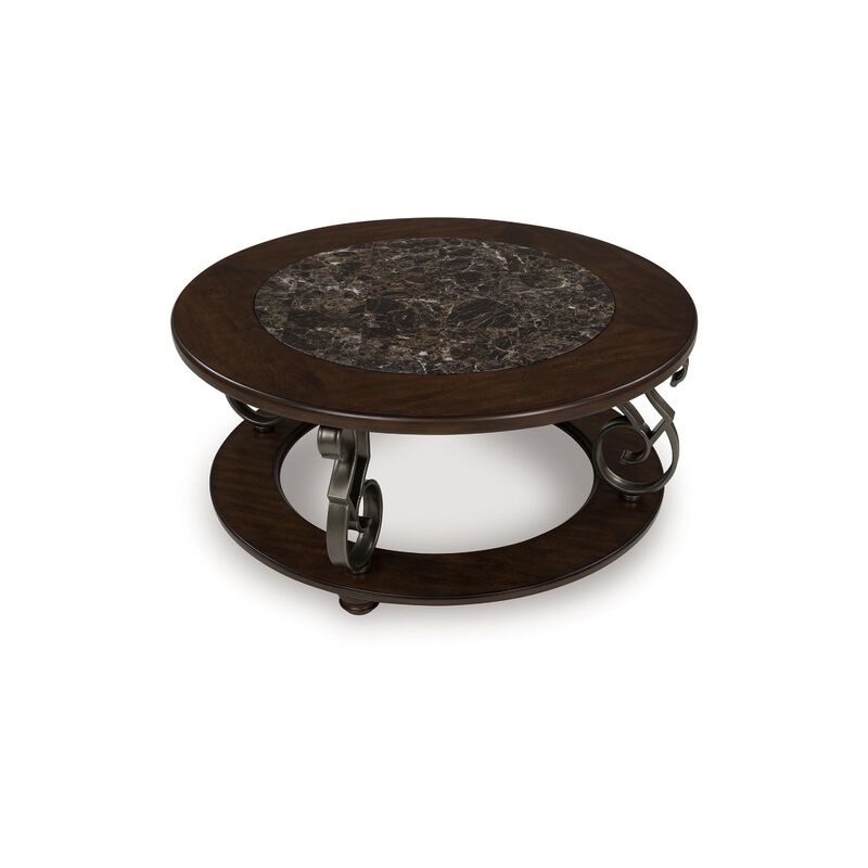 Falu Coffee Table, 42 Inch Round Faux Marble Top, Classic Scrolled, Brown image number 2