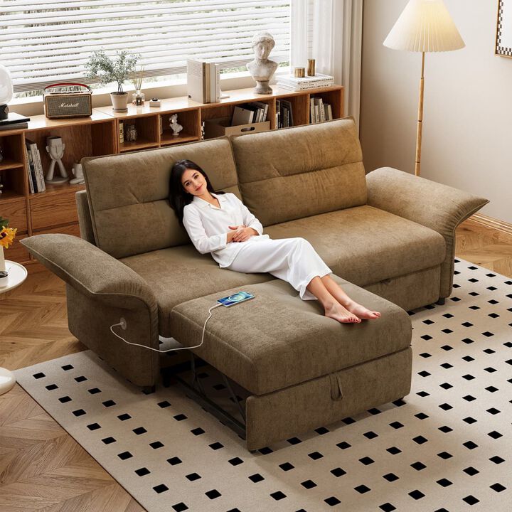 Convertible sleeper sofa bed, Plush fabric pull out futon with USB charging ports, 85 inch sofa bed for small spaces