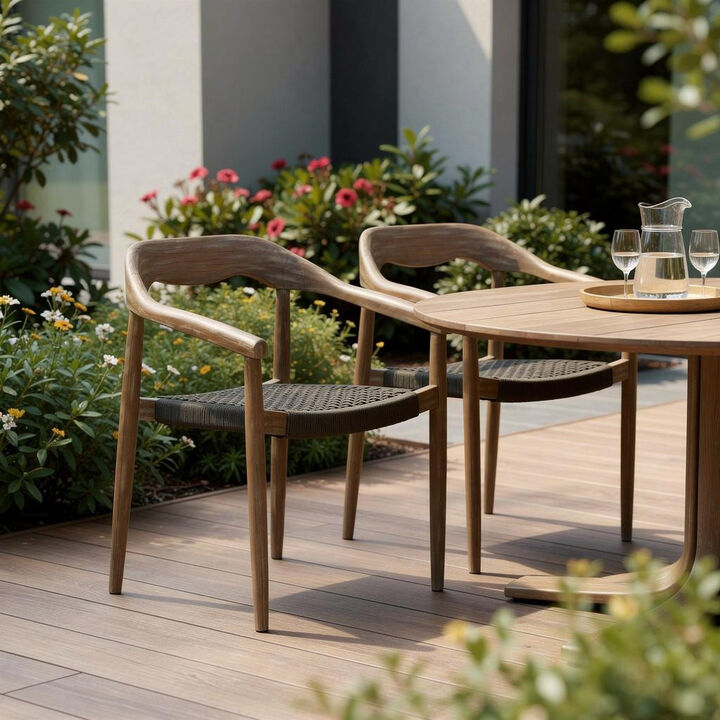 HomeRoots Set of Two 22" Black and Natural Wood Solid Wood Outdoor Dining Chairs