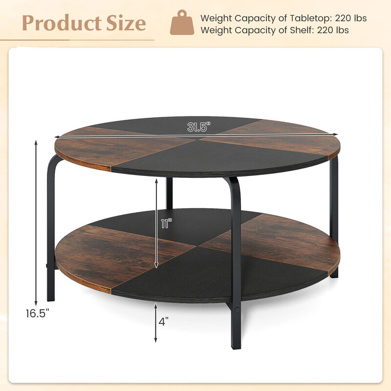 Rustic Brown Round Coffee Table, 2 Tier Metal Frame with Storage Shelf image number 2