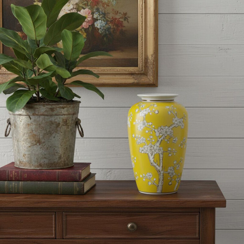 HomeRoots 11" White And Yellow Floral Porcelain Urn Table Vase image number 1