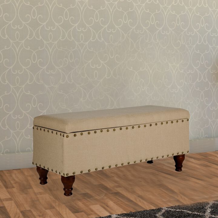Fabric Upholstered Wooden Storage Bench With Nail head Trim, Large, Tan Brown