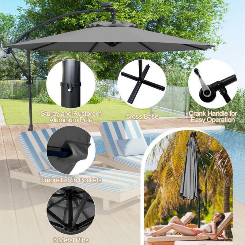 10 Feet 360&deg; Rotation Solar Powered LED Patio Offset Umbrella without Weight Base-Gray image number 4