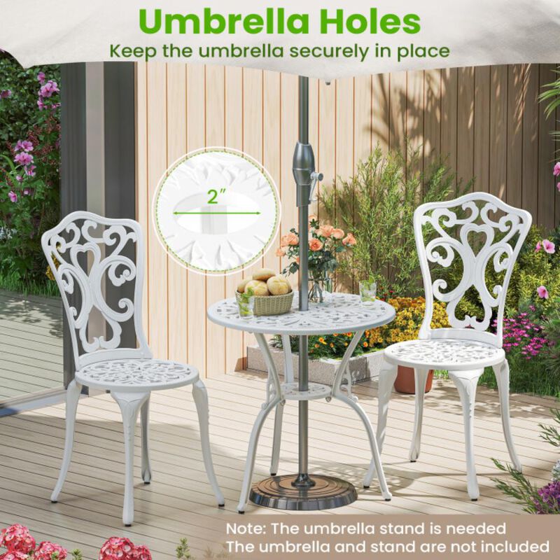 Hivvago 3 Piece All Weather Cast Aluminum Bistro Chairs and Table with Umbrella Holes