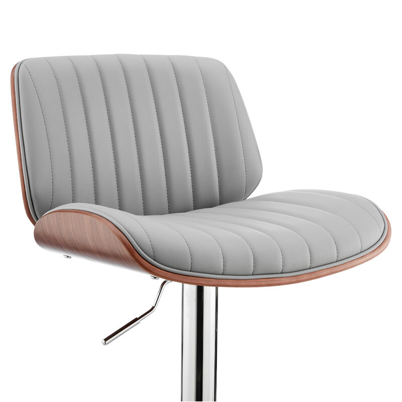 Barstool with Channel Tufted Leatherette Seat, Gray and Chrome-Benzara
