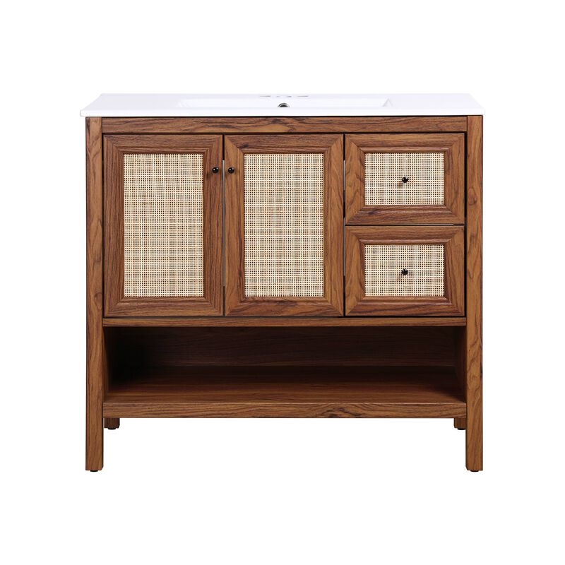 Jasper 36 in. W x 18 in. D x 33 in. H Rattan Modern Coastal 2-Shelf Bath Vanity Cabinet Only (Sink Basin Not Included)