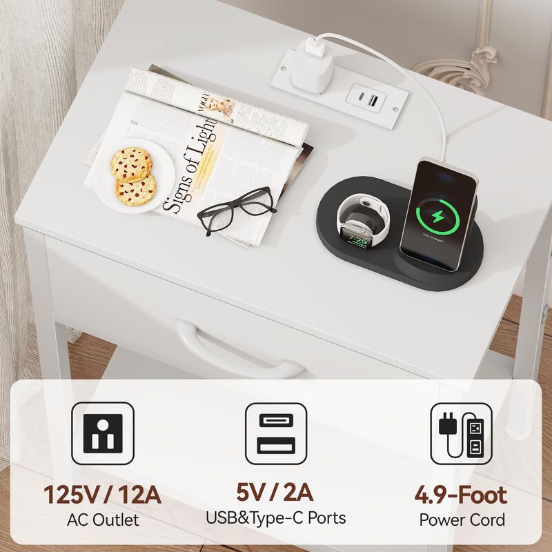 Vagusicc White Nightstand with Charging Station, End Table with Fabric Drawer, Small Side Table with 2-Tier Storage Shelves, 25.