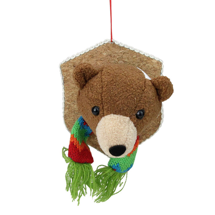 5" Brown and Green Stuffed Bear Head Christmas Ornament
