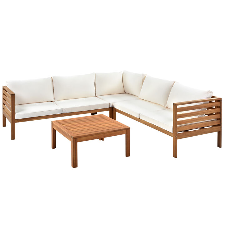 Whisen Wood Structure Outdoor Sofa Set with beige Cushions, Water-resistant and UV Protected texture