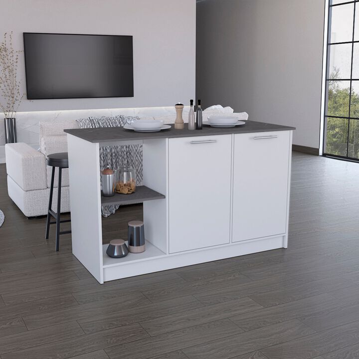 Coral Kitchen Island with Large Countertop, Open Storage Shelves and Double Door Cabinet, White / Onyx -Kitchen
