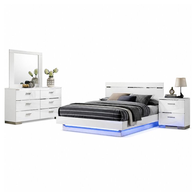 Pero 4pc Queen Bedroom Set with LED, Chrome and White, Dresser Mirror image number 1