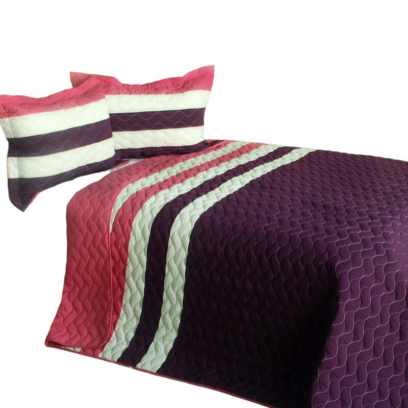 Decorative Patchwork Quilt Set 3 Piece with Vermicelli Quilted Stitching-Purple image number 1
