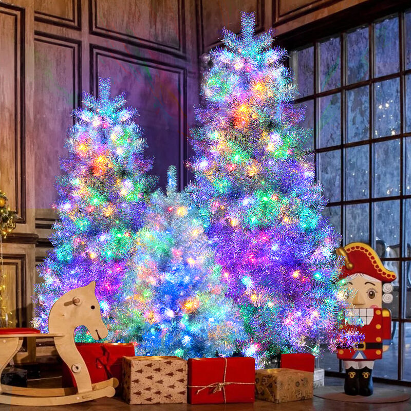 Whisen 7.4FT, 6FT, 4FT Sliver Pre-Lit Artificial Christmas Tree, Hinged Full Tree with Metal Stand, Branch Tips, LED Lights image number 1