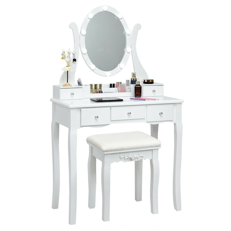10 Dimmable Lights Vanity Table Set with Lighted Mirror and Cushioned Stool