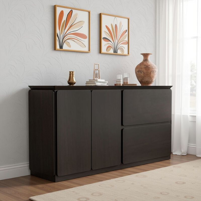 Ziva Sideboard Buffet Console, Drawers Doors, 71 Inch Black Solid Wood - Benzara