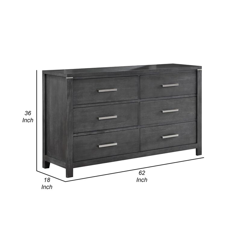 Benjara Tal 62 Inch Dresser, 6 Drawers Handles, Charcoal Finish, Gray, Chrome