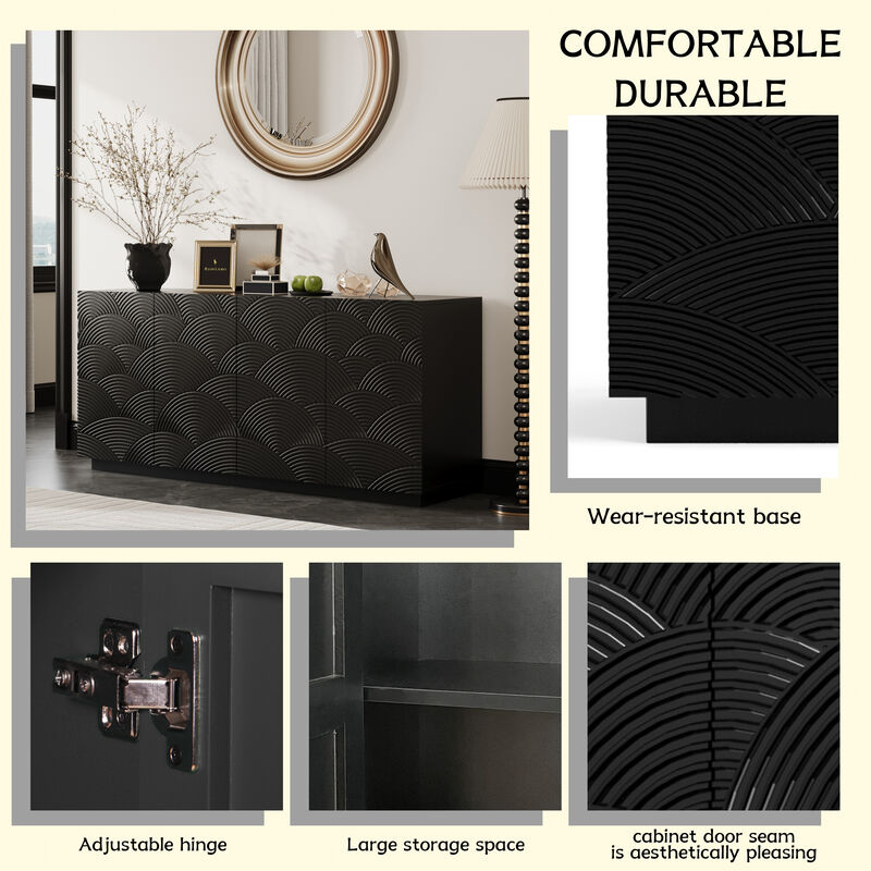 TATEUS Black Freestanding Sideboard Buffet Cabinet - 4 Doors Luxurious Accent Storage with Anti-Dumping for Home Spaces