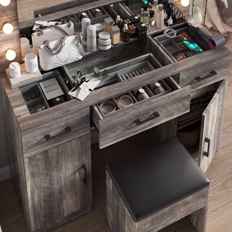 Vanity Desk Set with Large Lighted Mirror – Elegant Makeup Table with LED Mirror, Stool, and Storage Drawers