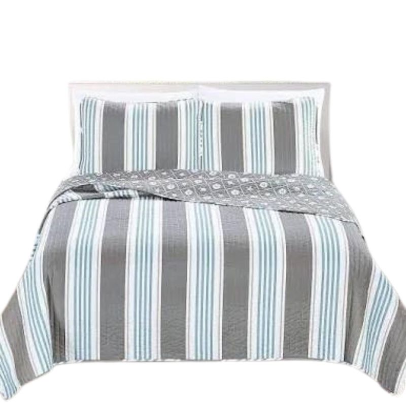 Hivvago King 3 Piece Coastal Starfish Sand Dollar Grey Blue White Nautical Quilt Set