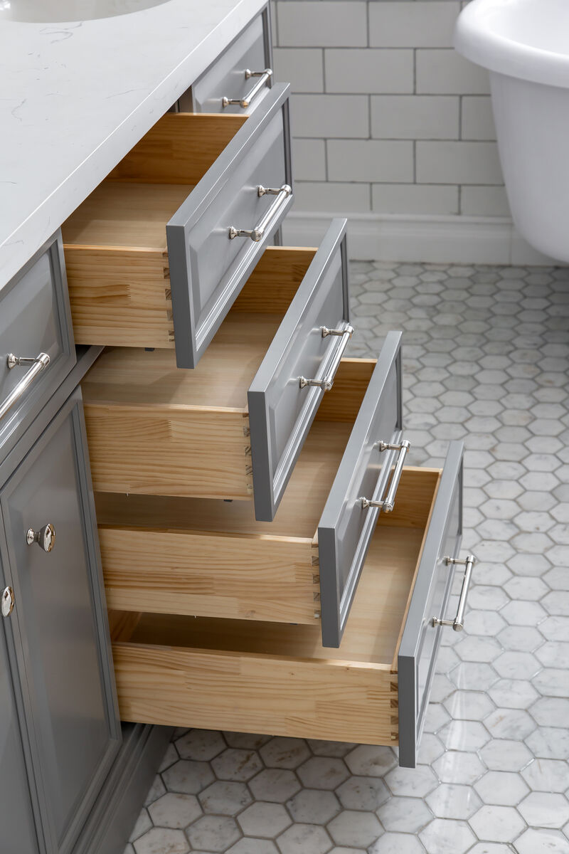 Palace 72 In. Double Sink Carrara Quartz Countertop Bath Vanity in Cashmere Grey with Polished Nickel (PVD) Hardware