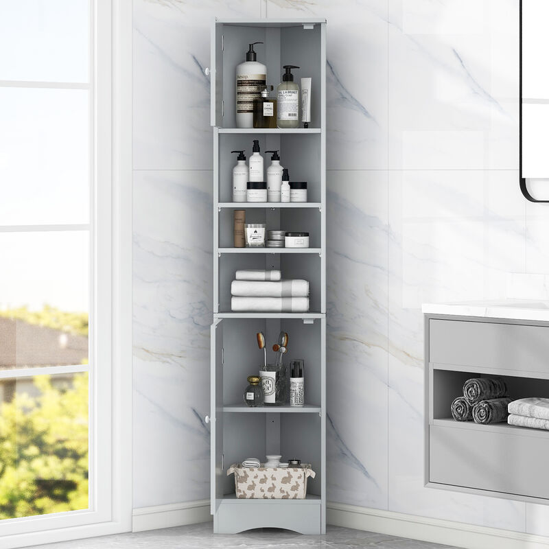 Whisen Multi-Functional Verticle Corner Cabinet, Tall Bathroom Storage Cabinet with Two Doors and Adjustable Shelves