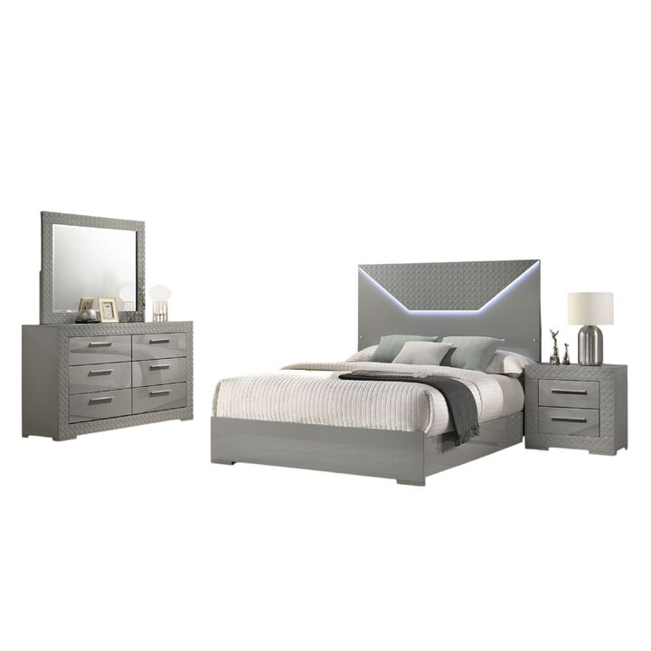 Ivon 4pc Queen Bedroom Set, Diamond Embossed, Gray High Gloss, LED