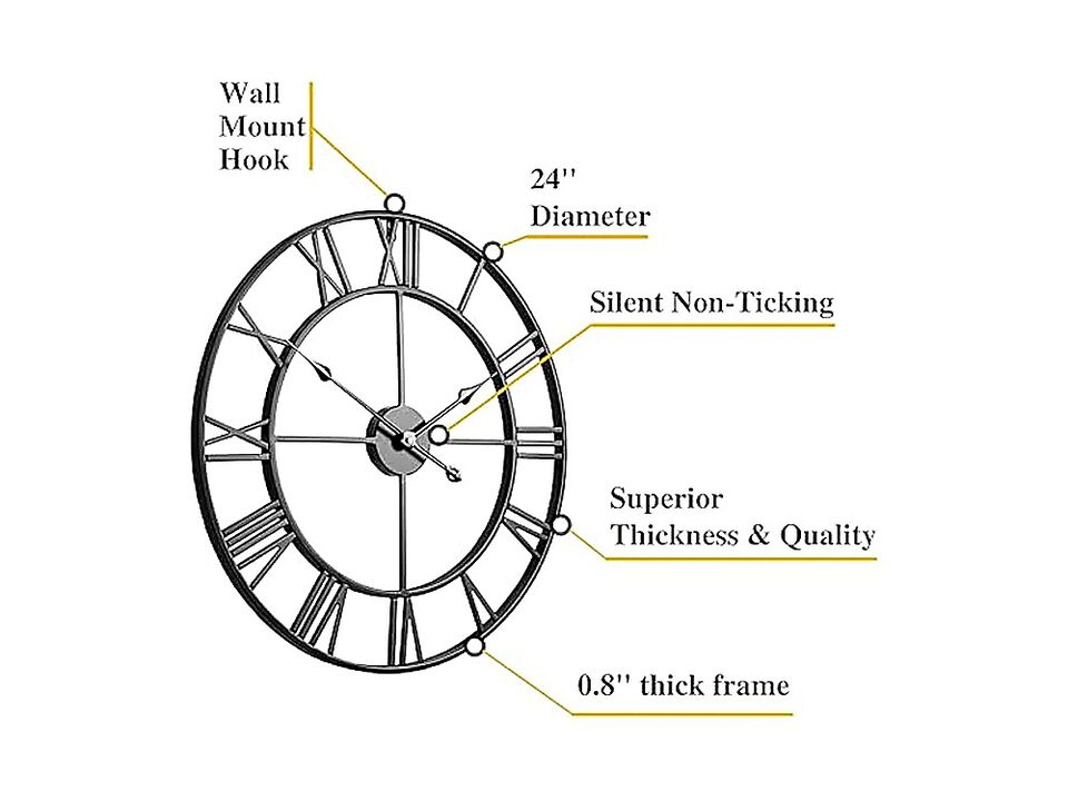 Silent 24 Inch Wall Clocks Living Decor Large Black Metal Roman Numeral Modern