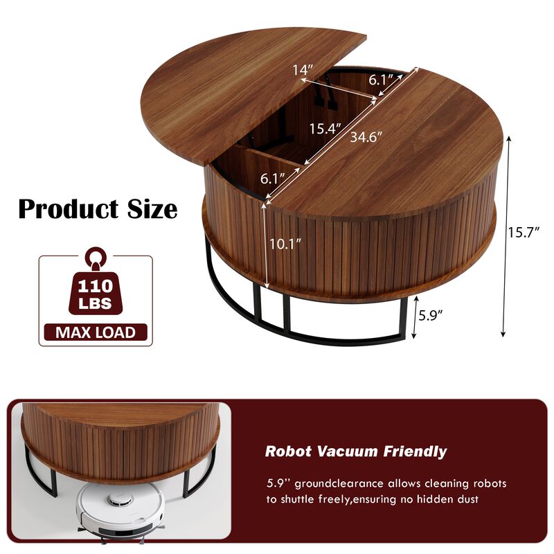 31.5" Modern Round Lift-Top Coffee Table with Hidden Storage, Walnut Wooden Living Room Table image number 7