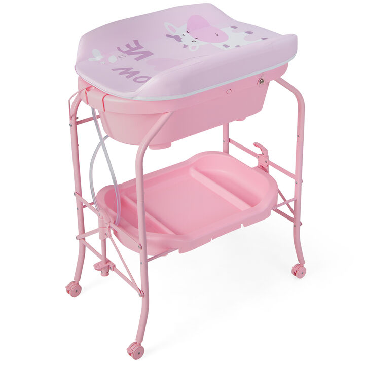 Folding Baby Changing Table with Bathtub and 4 Universal Wheels