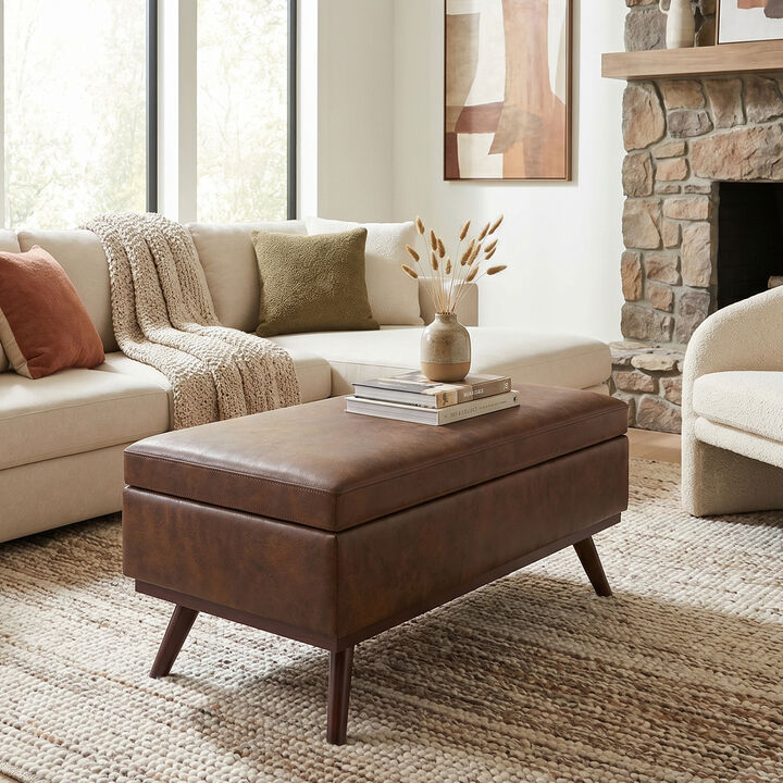 Owen 42 inch Wide Mid Century Modern Rectangle Lift Top Large Coffee Table Storage Ottoman in Distressed Chestnut Brown Vegan Faux Leather, Assembled