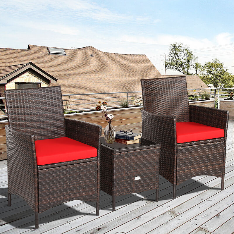 3 Pieces Patio Rattan Furniture Set Cushioned Sofa and Glass Tabletop Deck