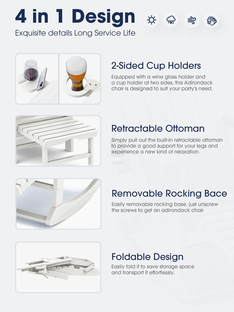 KINGYES Folding Adirondack Rocking Chair with Retractable Ottoman and Cup Holders, 4-in-1 Multifunctional HDPE Adirondack Chair