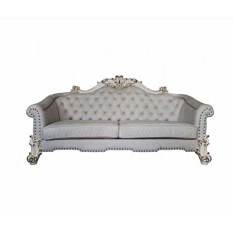 Antoine Sofa, 6 Pillows, Tufted Ivory Fabric, Pearl White, 89 Inch