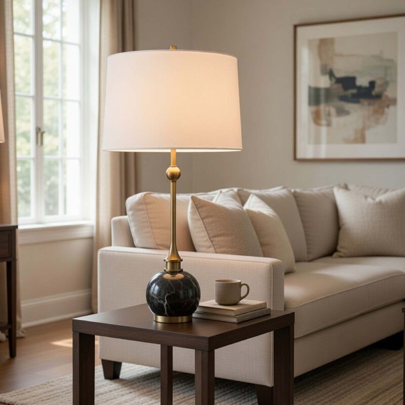 Table Lamp, White Drum Shade, Slim Brass Neck, Swirled Black Marble 29 Inch image number 8