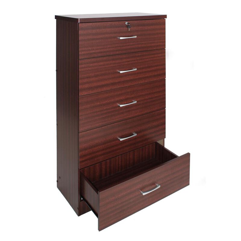 Better Home Products Olivia Wooden Tall 5 Drawer Chest Bedroom Dresser Mahogany