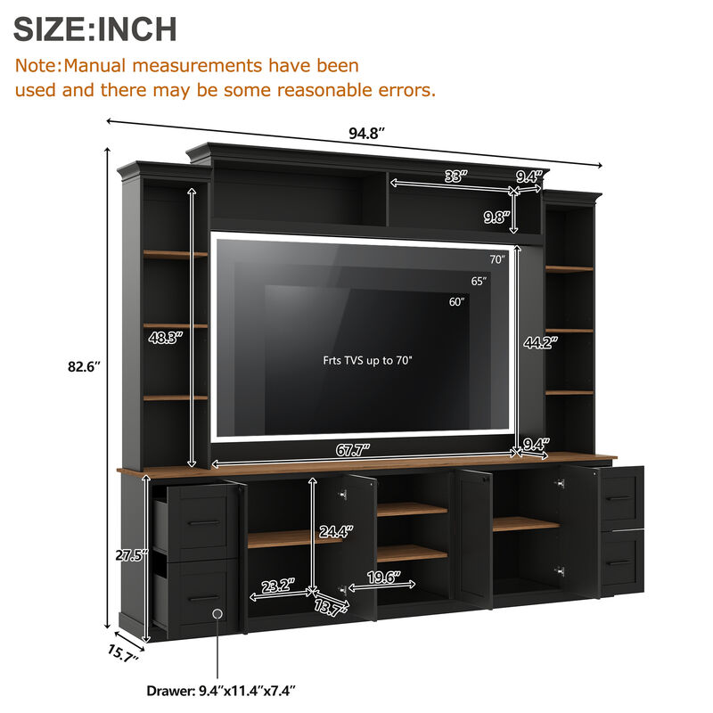Merax Curved TV Stand with 4 Drawers, 2 Cabinets & 8 Adjustable Shelves &ndash; Walnut Finish image number 3
