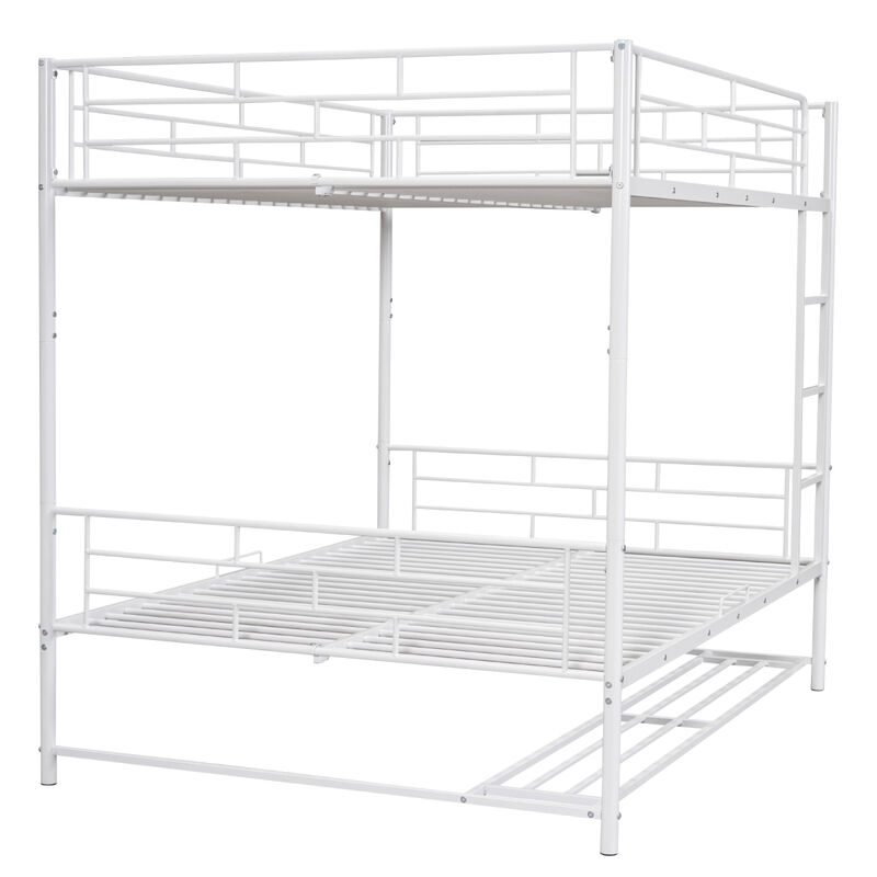 Full Over Full Metal Bunk Bed with Shelf and Guardrails, White