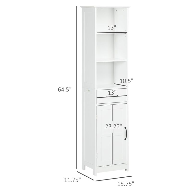White Bathroom Storage: Narrow Cabinet with Open Shelves & Drawer