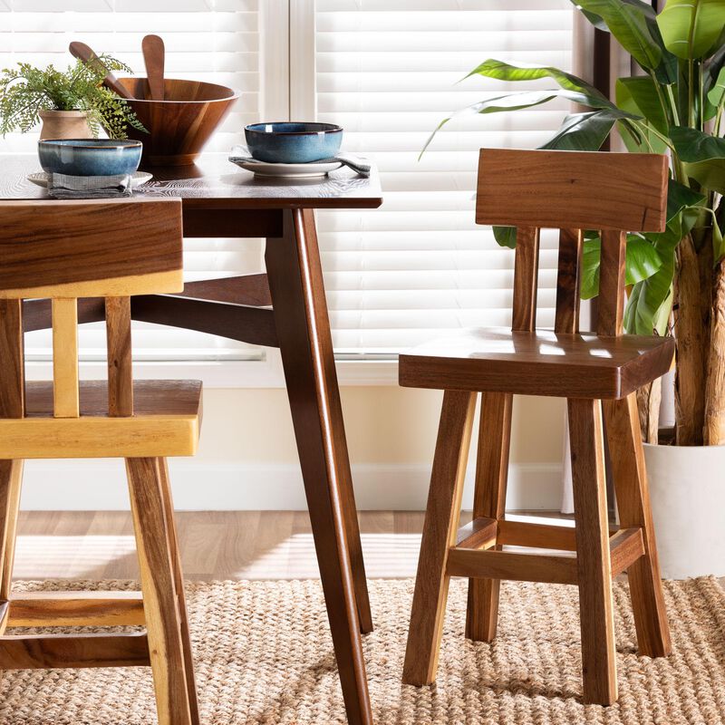 bali & pari Luli Suar Wood Counter Stool - Handcrafted Solid Wood Stool with Backrest, Rustic Modern Seating for Kitchen Island or Dining Area