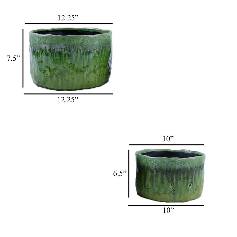 Foy Wide Planter Set of 2, Two Tone Green Ceramic, Round, Modern Style - Benzara