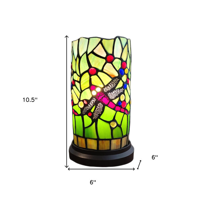 Hivvago 11" Green and Pink Dragonfly Stained Glass Accent Lamp